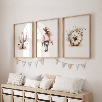 Pink Cowgirl Western Wall Art Set – Cactus & Wagon Wheel Prints