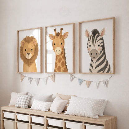 Safari Animal Nursery Prints Set – Lion Giraffe & Zebra Wall Art