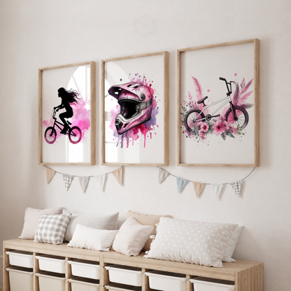 Girls BMX Wall Art Set – Pink Watercolour Female BMX Rider Prints