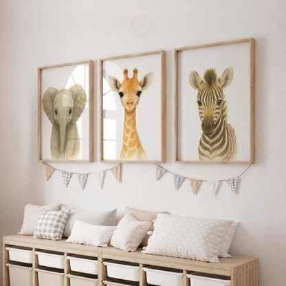 Baby Safari Animals Watercolor Wall Art Set – Elephant Giraffe Zebra Nursery Prints