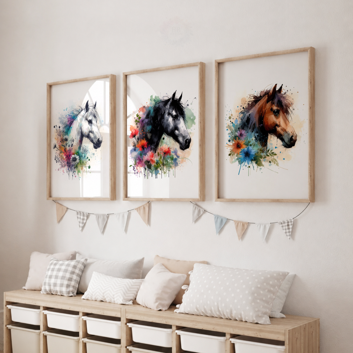 Colourful Watercolour Horse Wall Art Set – Floral Equestrian Prints