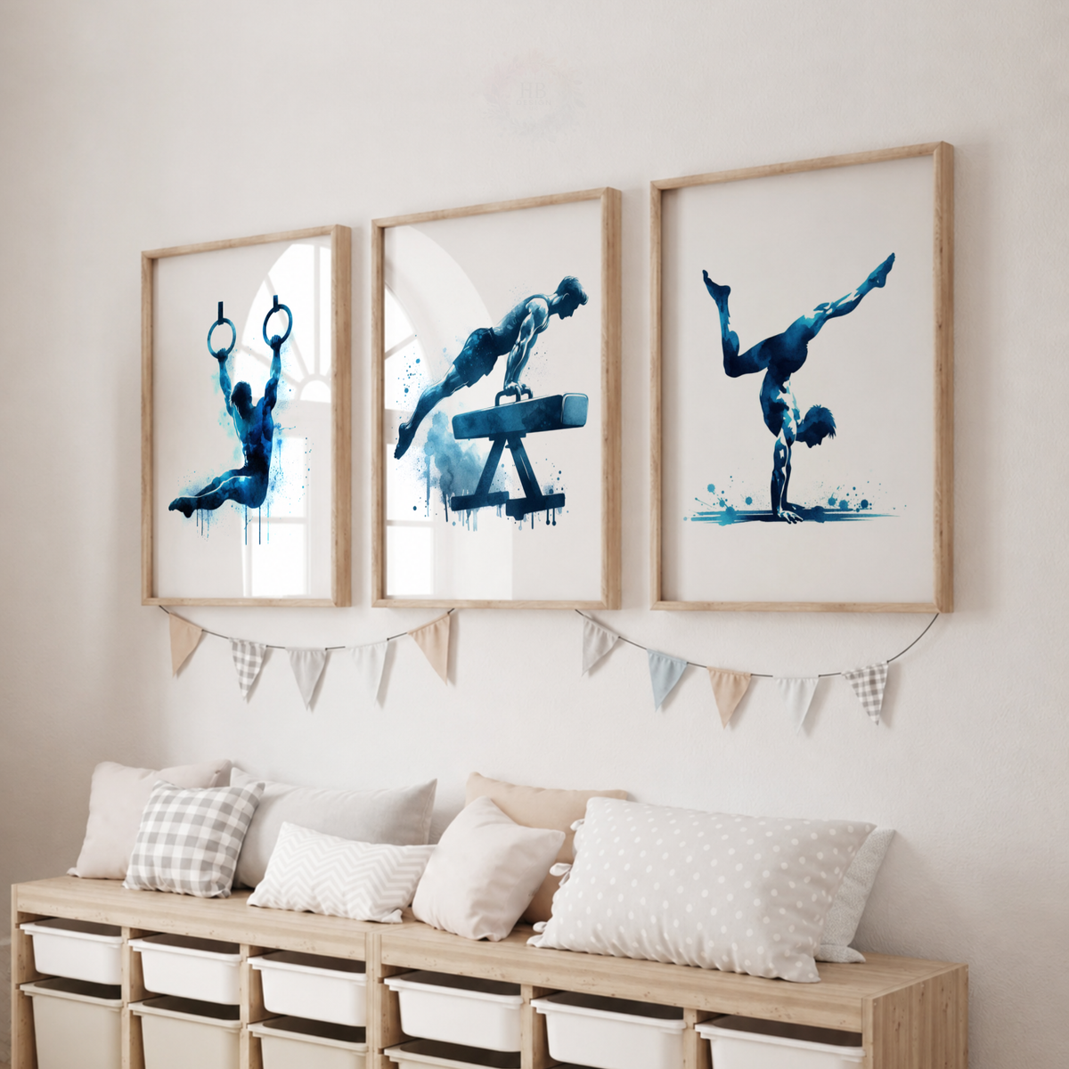 Gymnastics Watercolor Wall Art Set – Blue Gymnast, Rings & Pommel Horse Sports Prints
