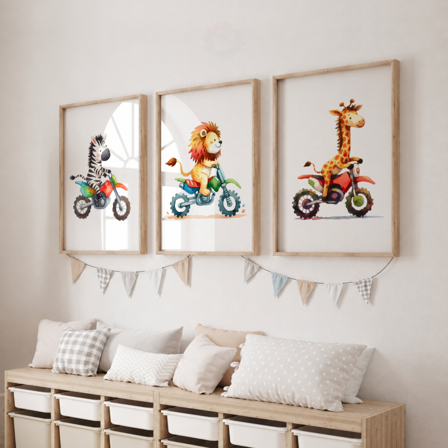 Safari Animals on Motorbikes Wall Art Set – Watercolor Nursery Prints