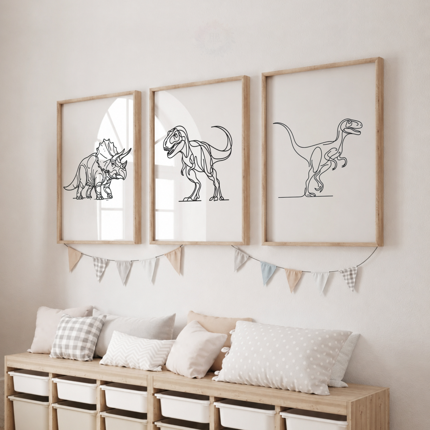 Minimalist Dinosaur Line Art Prints Set – Triceratops T-Rex & Raptor Wall Art