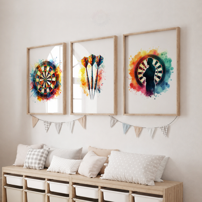 Colourful Darts Wall Art Set – Dartboard & Darts Watercolour Prints for Games Room