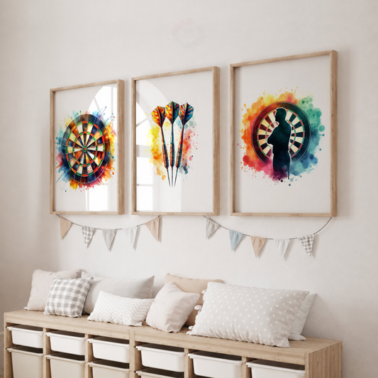 Colourful Darts Wall Art Set – Dartboard & Darts Watercolour Prints for Games Room