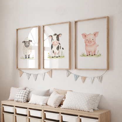 Farm Animal Nursery Wall Art Print Set – Sheep, Cow & Pig