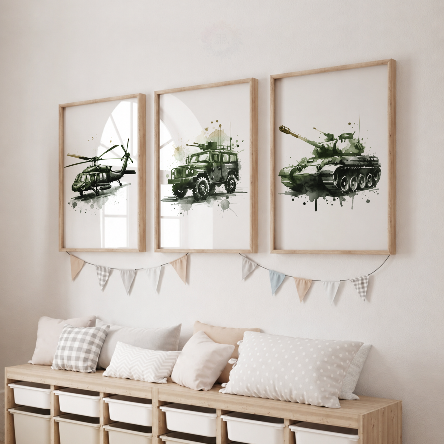 Green Military Vehicle Watercolor Prints Set – Helicopter Army Truck & Tank Wall Art