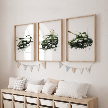 Green Military Vehicle Watercolor Prints Set – Helicopter Army Truck & Tank Wall Art