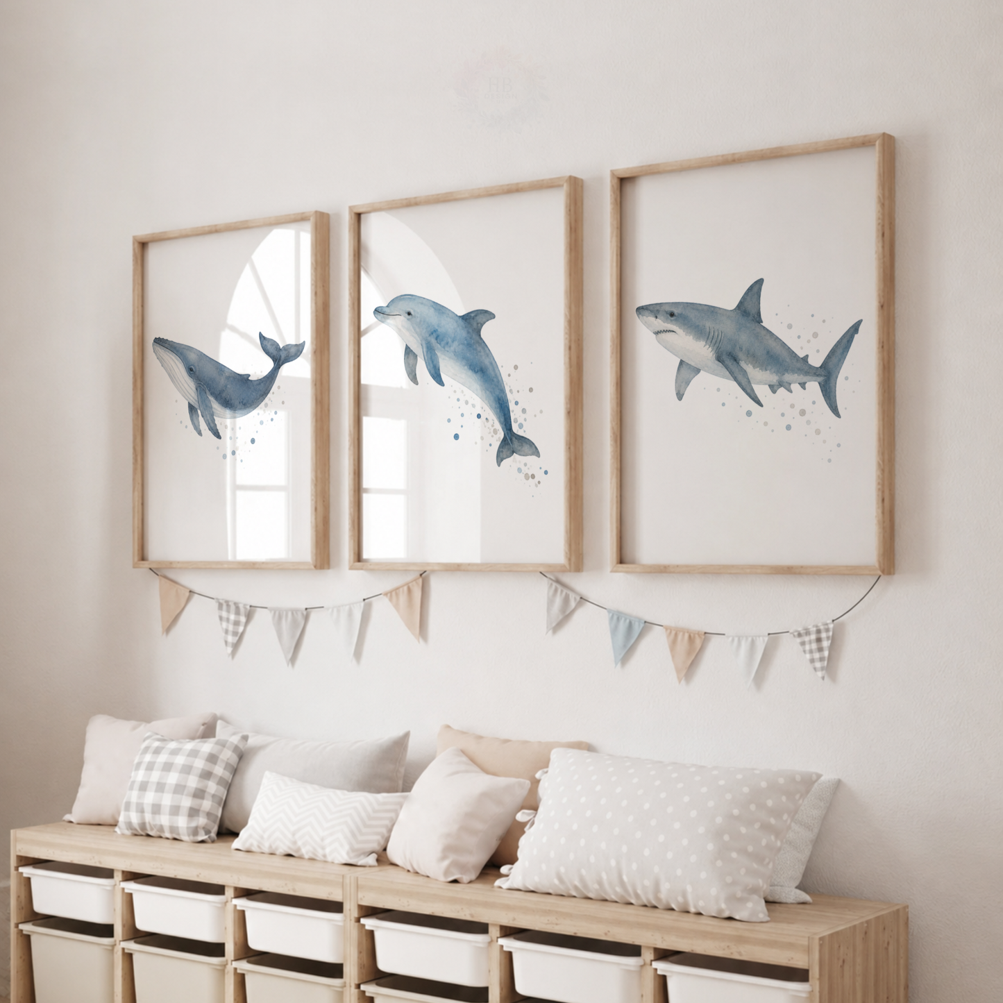 Ocean Animal Wall Art Print Set – Whale, Dolphin & Shark