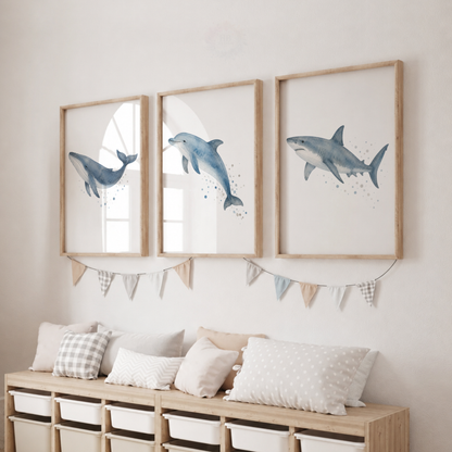 Ocean Animal Wall Art Print Set – Whale, Dolphin & Shark