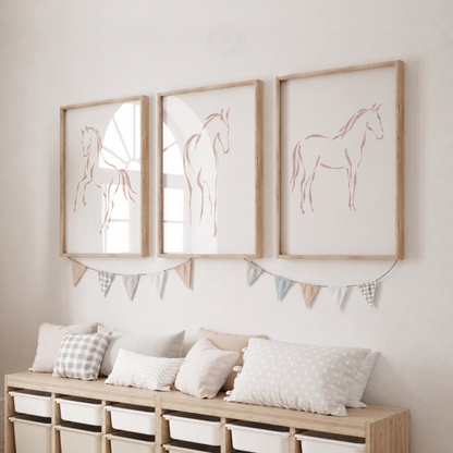 Blush Pink Horse Wall Art Set – Minimalist Equestrian Nursery Prints