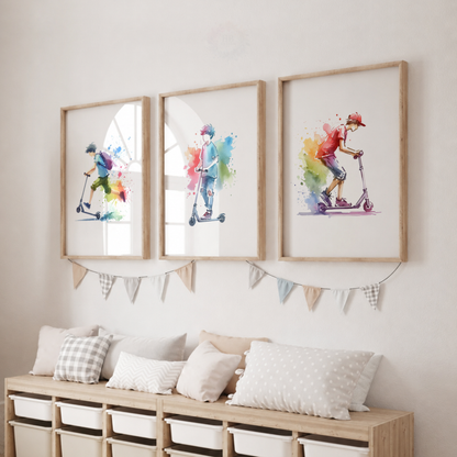 Stunt Scooter Watercolor Wall Art Set – Colourful Scooter Rider Sports Prints