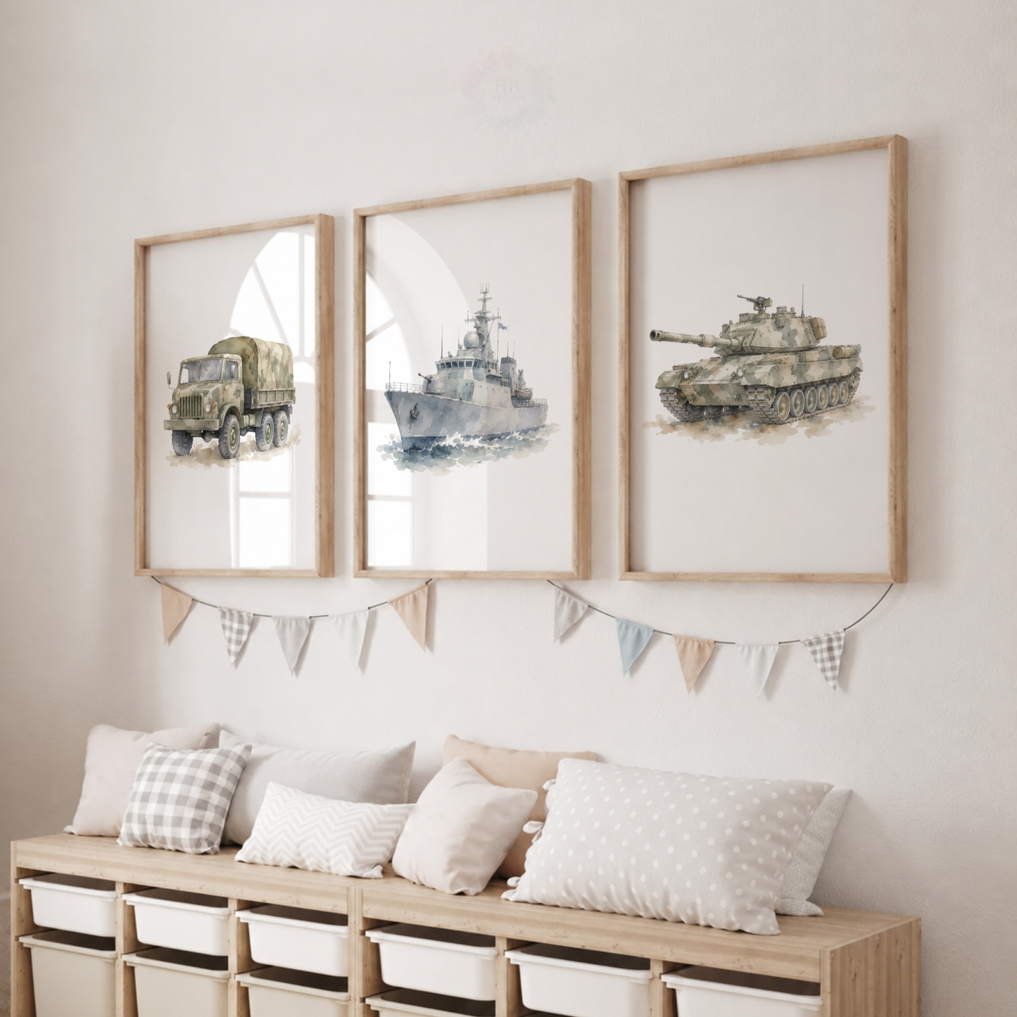 Military Vehicle Wall Art Set – Army Truck, Navy Ship & Tank Prints