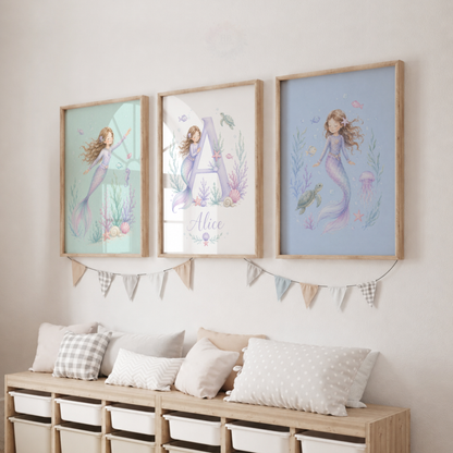 Personalised Mermaid Nursery Prints – Girls Under the Sea Wall Art Set