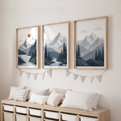 Mountain Landscape Wall Art Prints – Set of 3 Blue Alpine Forest & Lake Prints