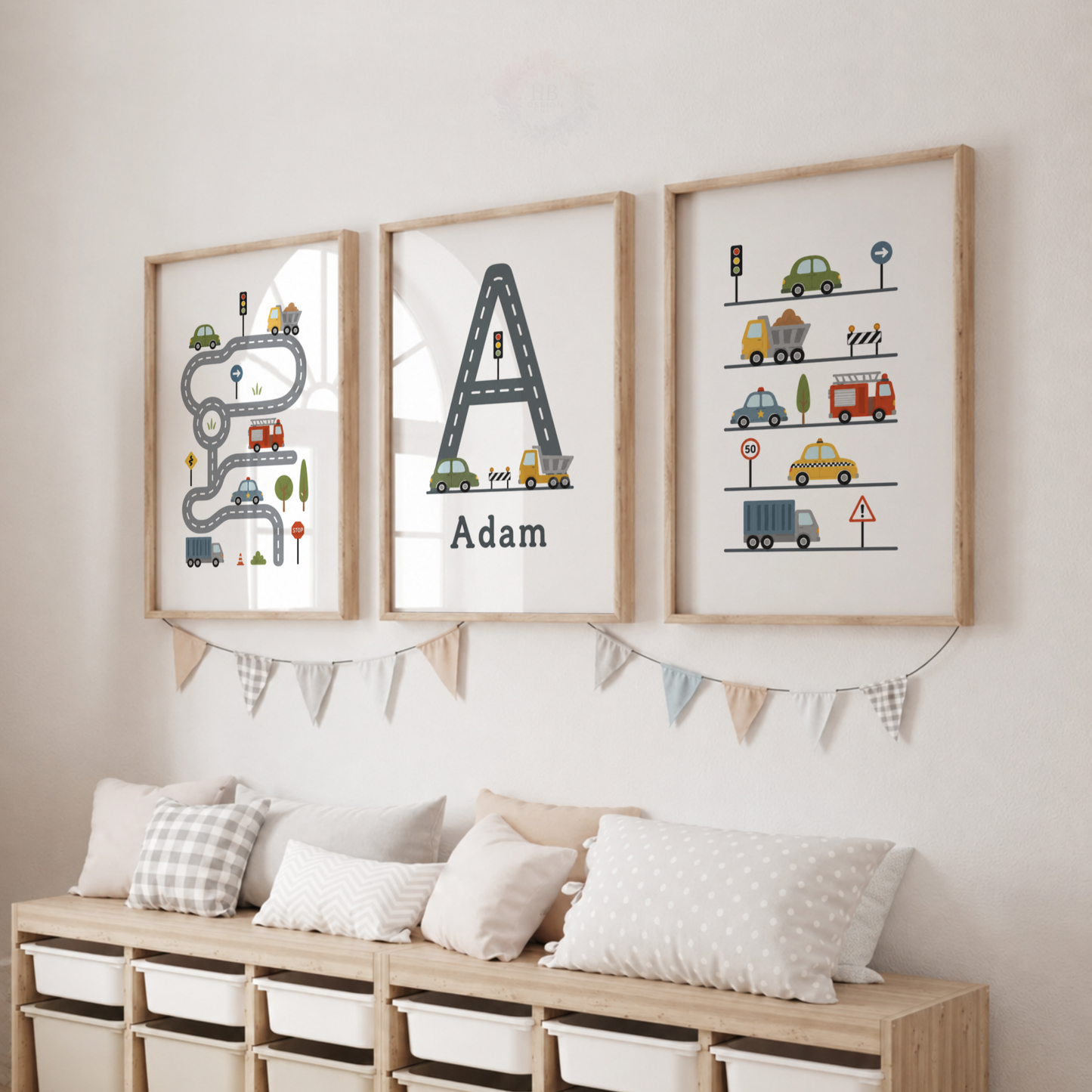Personalised Transport Nursery Prints – Set of 3 Cars & Road Boys’ Wall Art