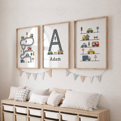 Personalised Transport Nursery Prints – Set of 3 Cars & Road Boys’ Wall Art
