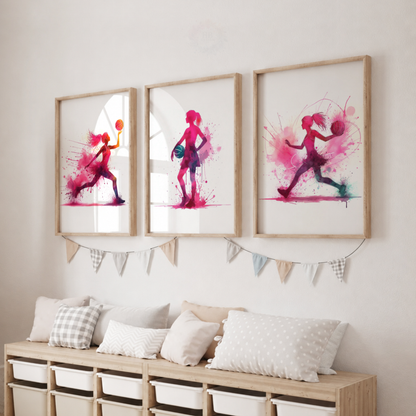 Girls Basketball Wall Art Set – Pink Watercolour Female Basketball Player Prints