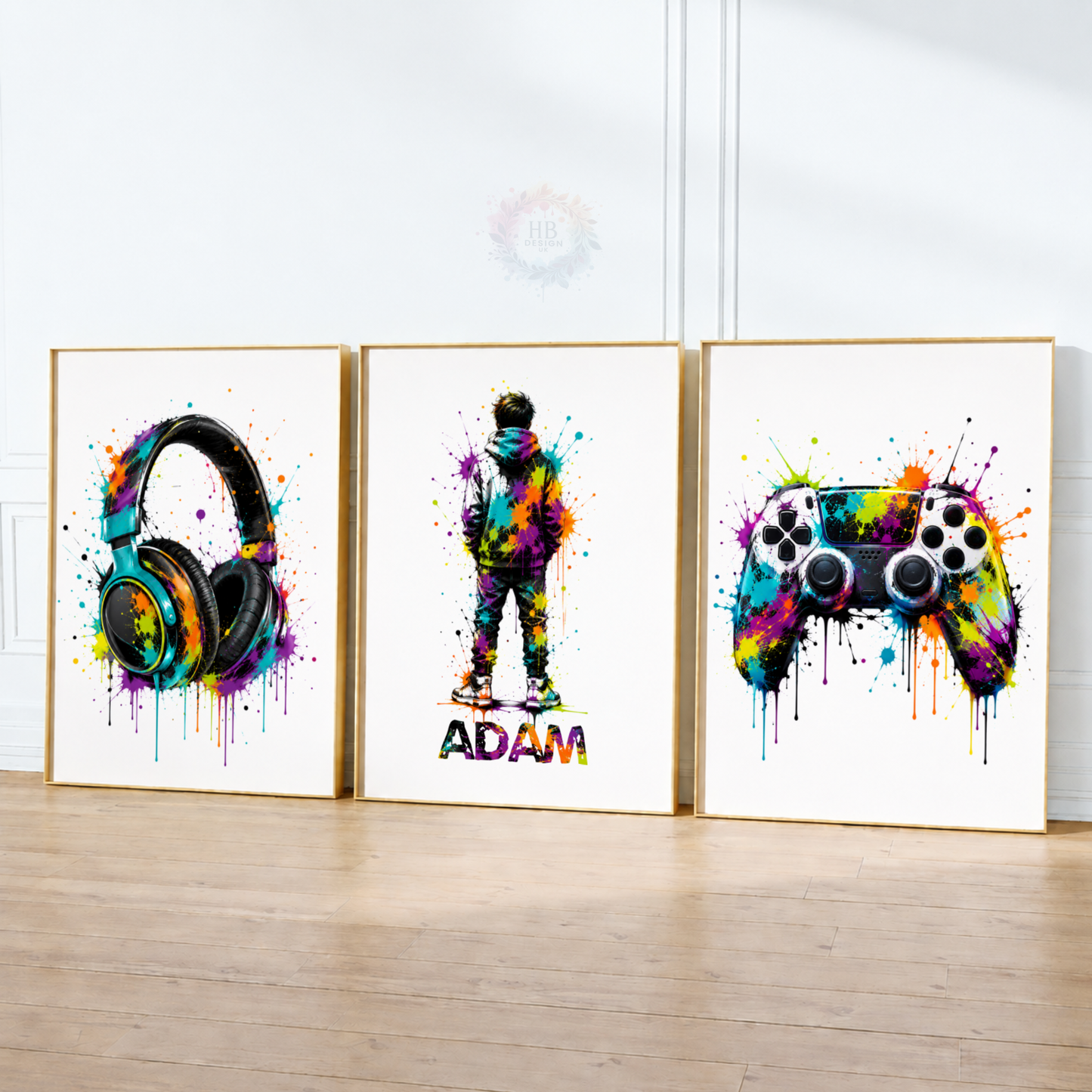 Personalised Colourful Gamer Wall Art Set – Headphones, Gamer & Gaming Controller Prints