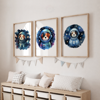 Watercolor Dog Astronaut Nursery Prints Set – Space Puppy Wall Art