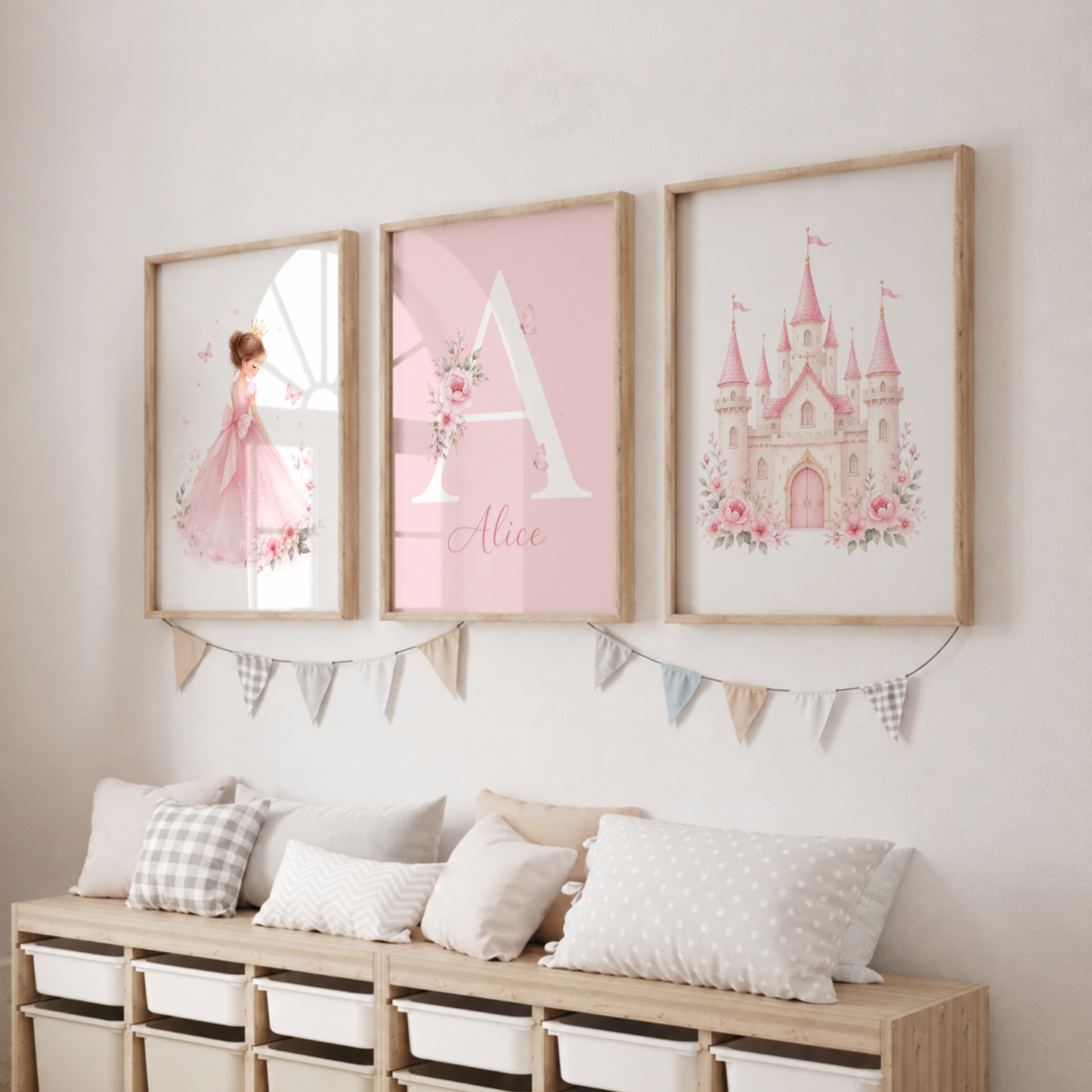 Personalised Princess Nursery Prints – Set of 3 Pink Castle, Princess & Name Wall Art