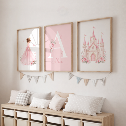 Personalised Princess Nursery Prints – Set of 3 Pink Castle, Princess & Name Wall Art