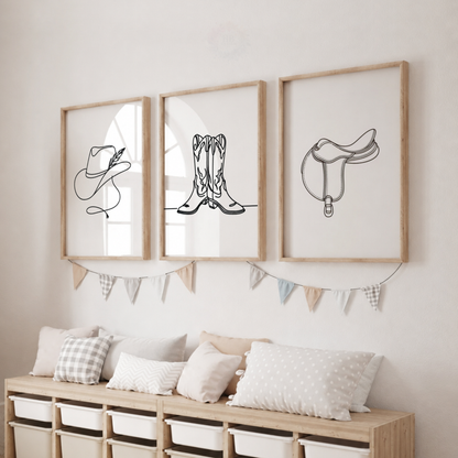 Equestrian Wall Art Set – Minimalist Horse Riding Hat, Boots & Saddle Prints