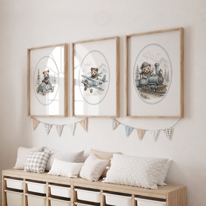 Vintage Teddy Bear Transport Wall Art Set – Nursery Adventure Prints