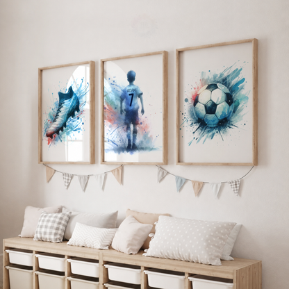Personalized Blue Football Wall Art Set – Custom Name & Number Football Watercolor Prints
