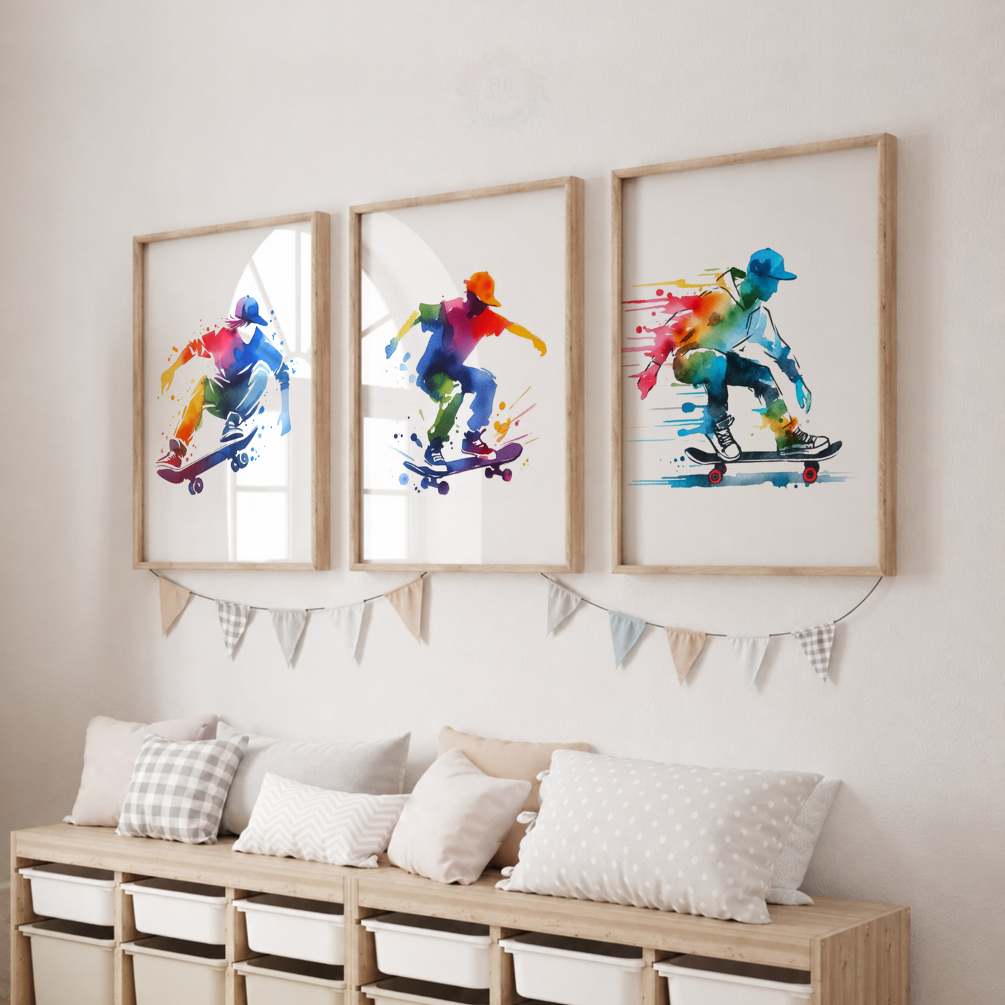 Skateboarding Watercolor Wall Art Set – Colourful Skateboarder Sports Prints