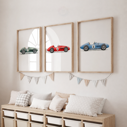Vintage Racing Car Wall Art Set – Classic Green Red & Blue Car Prints