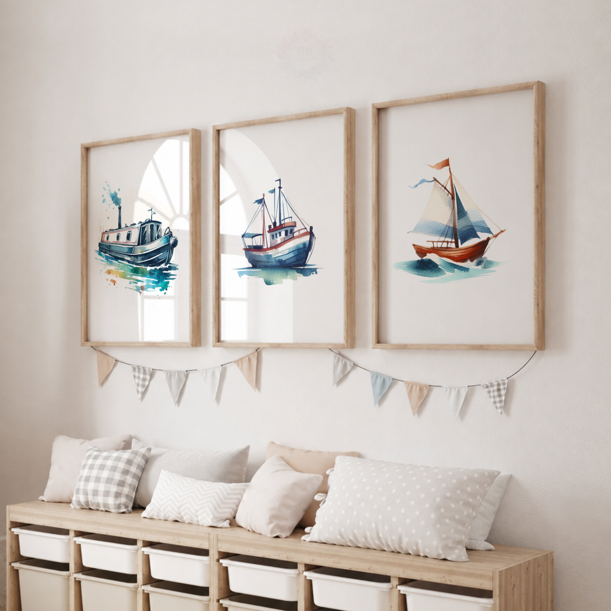 Watercolor Boat Wall Art Set – Canal Boat, Fishing Boat & Sailboat Prints