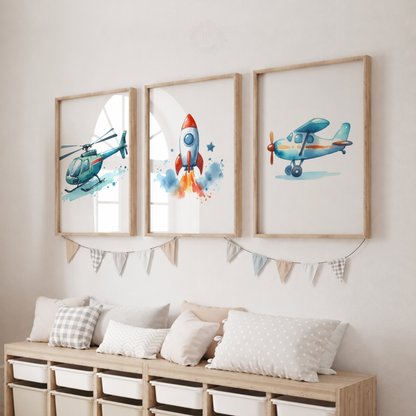 Airplane, Helicopter & Rocket Wall Art Set – Kids Aviation Prints