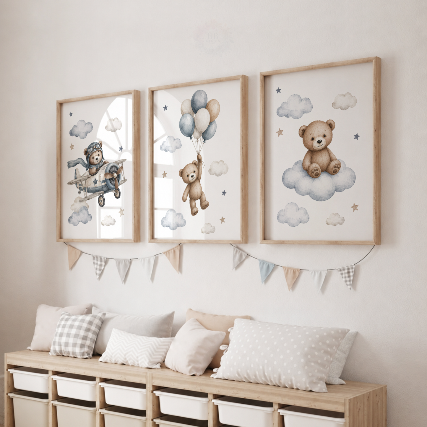 Teddy Bear Nursery Wall Art Set – Aeroplane, Balloons & Cloud Prints