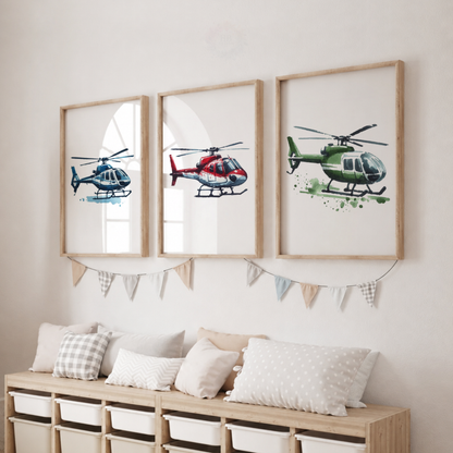 Watercolor Helicopter Wall Art Set – Colorful Aviation Nursery Prints