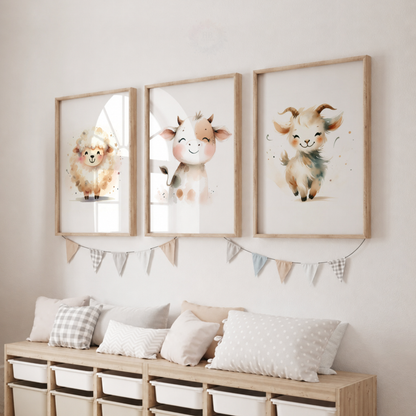 Farm Animal Nursery Prints Set – Sheep, Cow & Goat Watercolour Wall Art