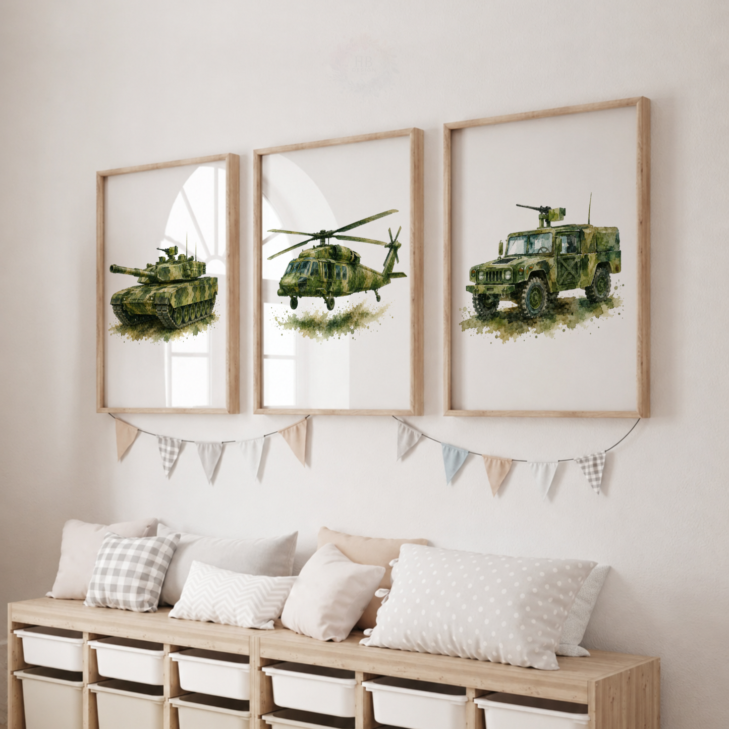 Military Vehicle Wall Art Set – Tank Helicopter & Army Truck Prints