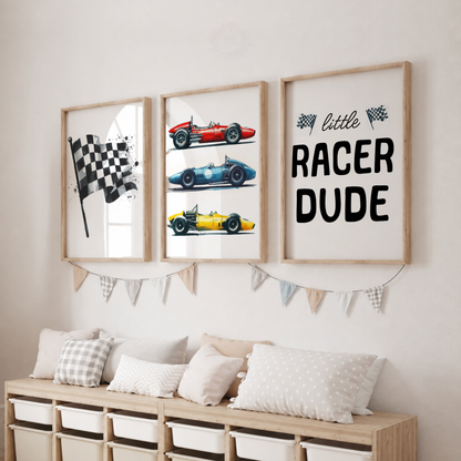 Vintage Racing Car Wall Art Set – Red Yellow Blue Little Racer Dude Prints