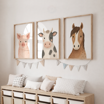 Farm Animal Nursery Wall Art Print Set – Pig, Cow & Horse
