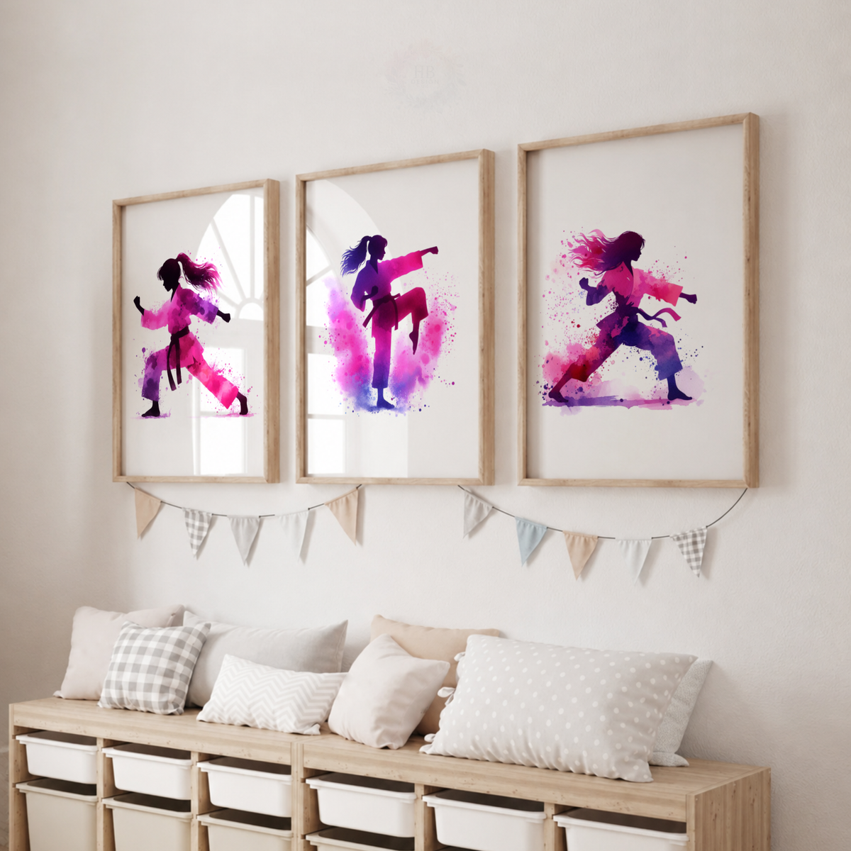 Girls Karate Wall Art Set – Pink & Purple Watercolour Martial Arts Prints