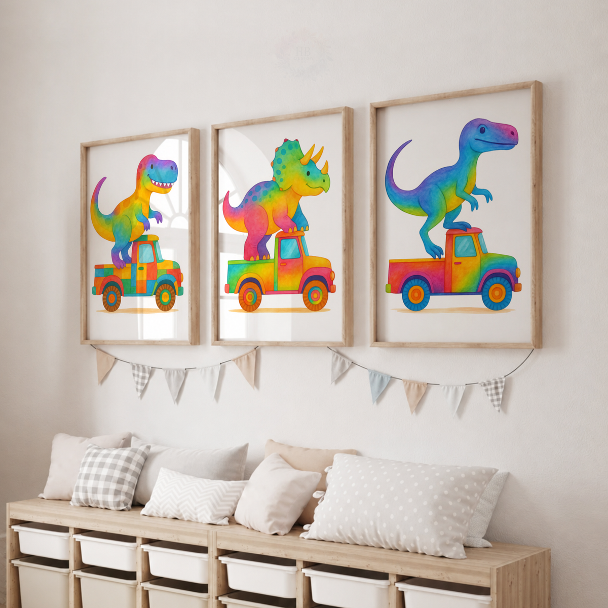 Colourful Dinosaur Truck Prints Set – Rainbow Dinosaur Nursery Wall Art
