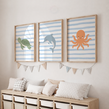 Under the Sea Nursery Wall Art Print Set – Turtle, Dolphin & Octopus