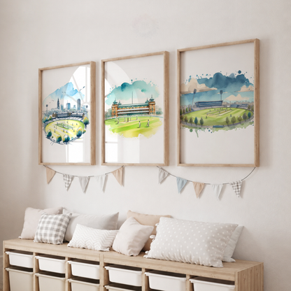 Cricket Stadium Watercolour Wall Art Set – Cricket Ground Prints for Boys’ Bedroom