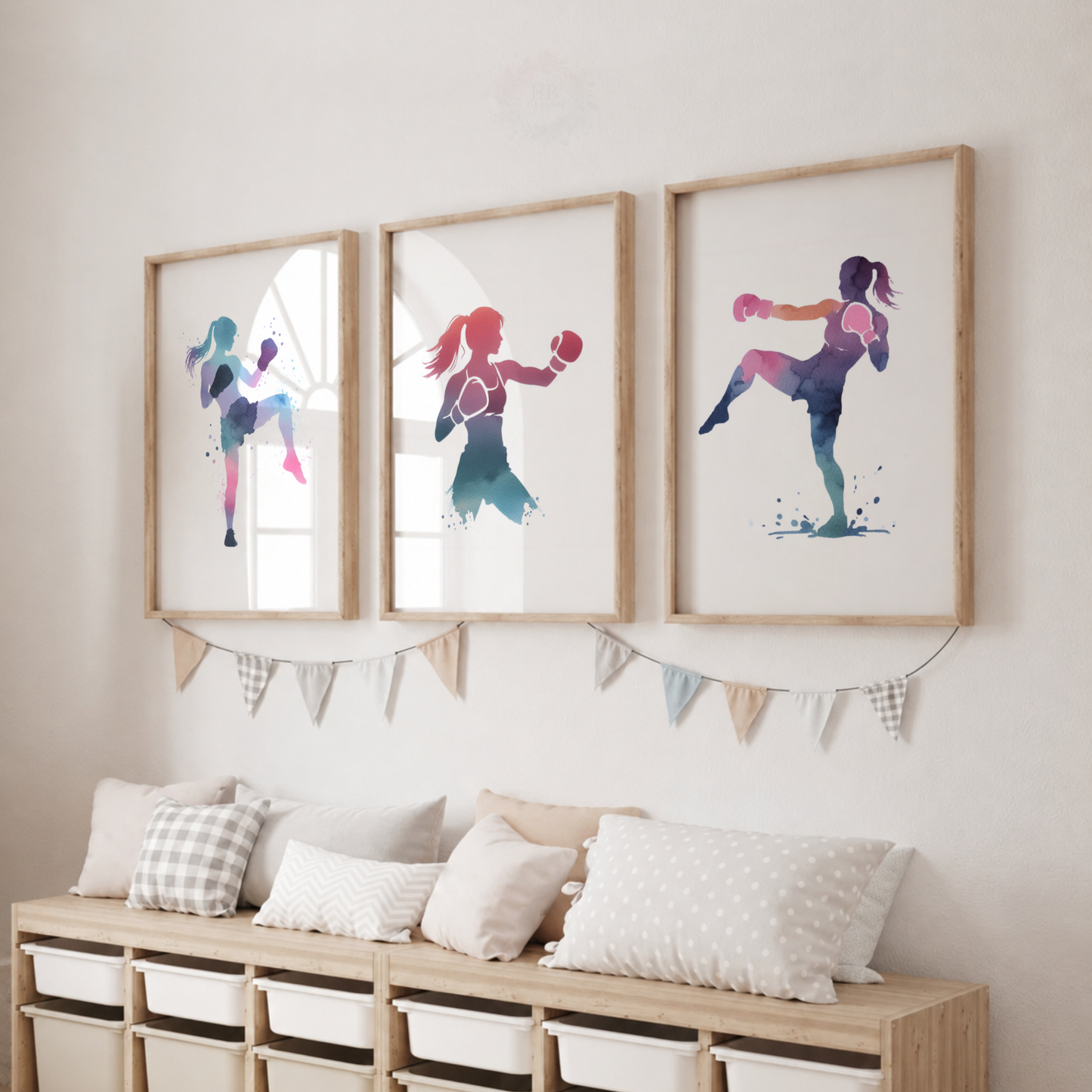 Girls Kickboxing Wall Art Set – Pastel Watercolour Female Fighter Prints