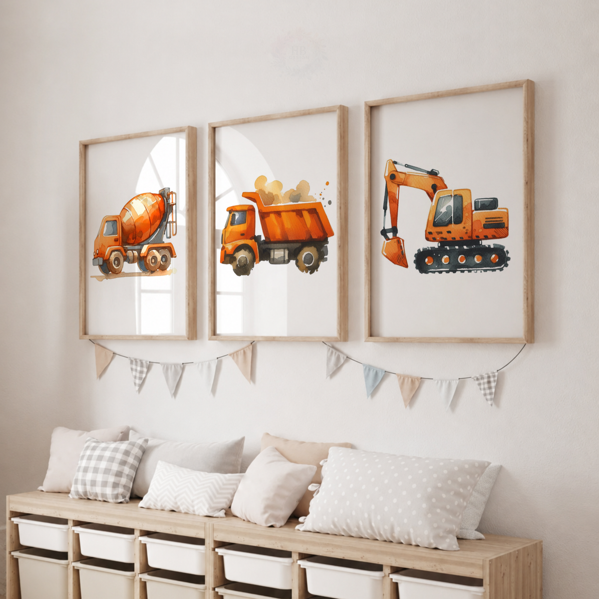 Orange Construction Vehicle Watercolor Prints Set – Cement Mixer, Dump Truck & Excavator Wall Art
