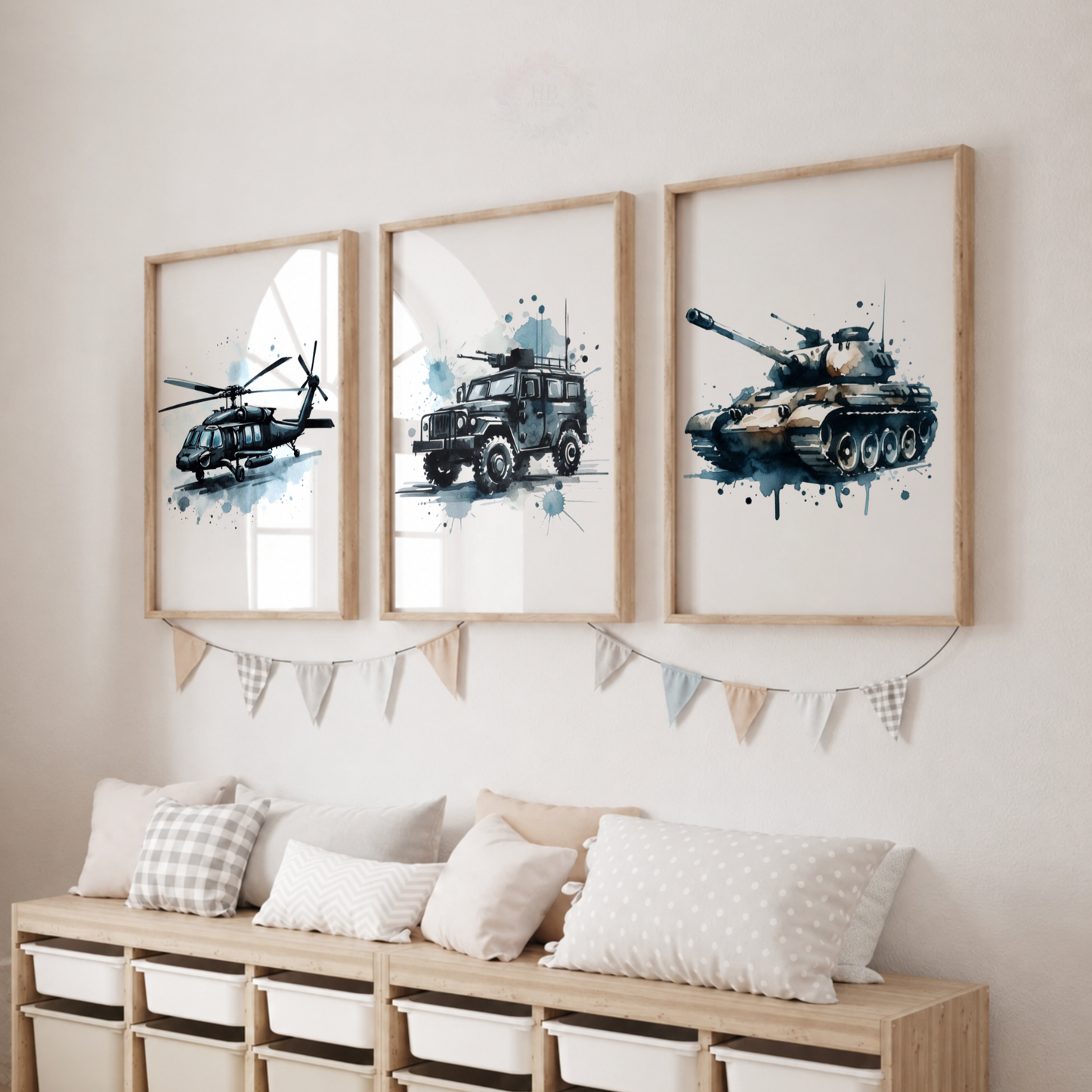 Military Vehicle Watercolor Prints Set – Helicopter Army Truck & Tank Wall Art