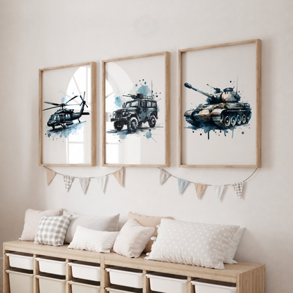 Military Vehicle Watercolor Prints Set – Helicopter Army Truck & Tank Wall Art