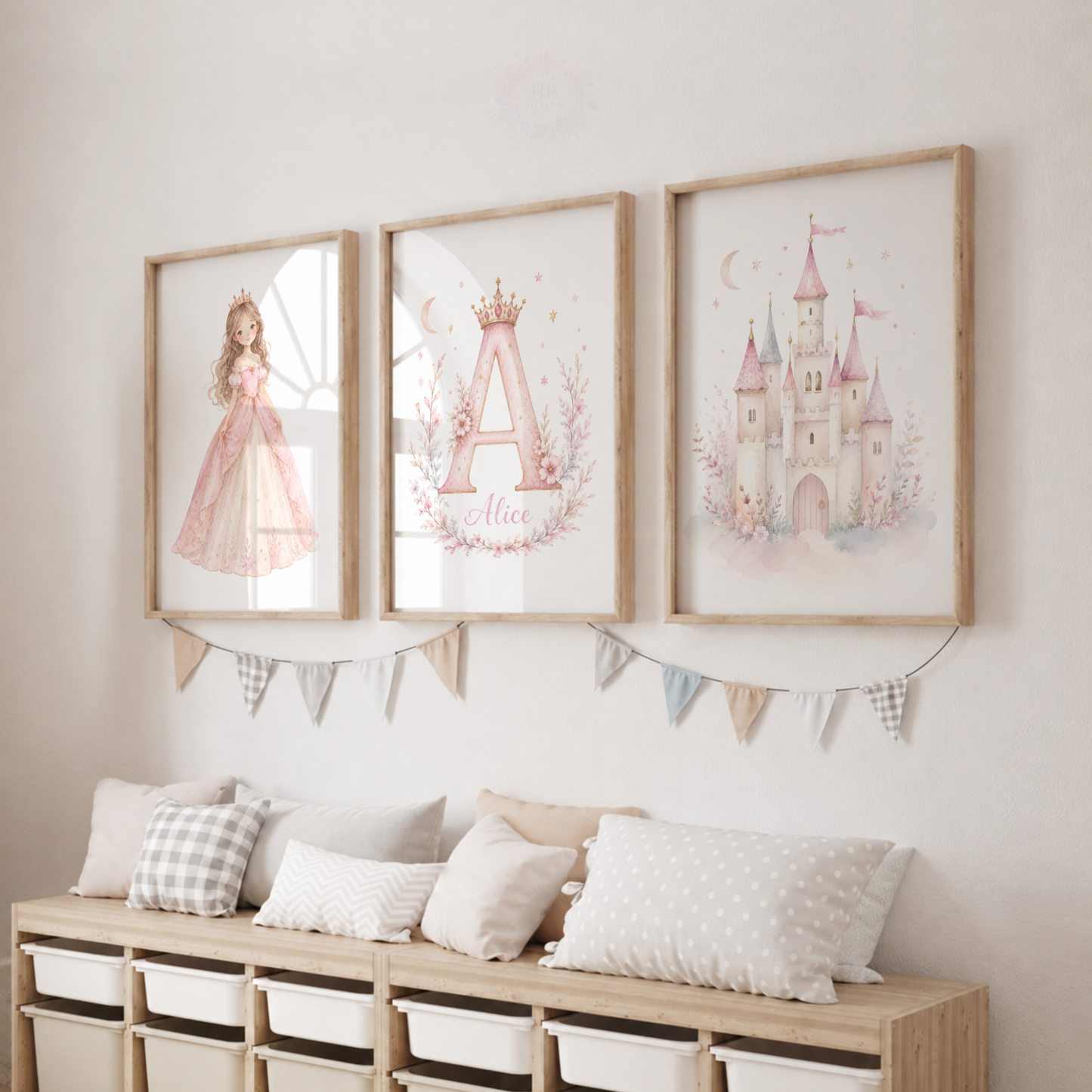Personalised Princess Castle Prints – Set of 3 Pink Watercolour Nursery Wall Art