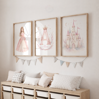 Personalised Princess Castle Prints – Set of 3 Pink Watercolour Nursery Wall Art